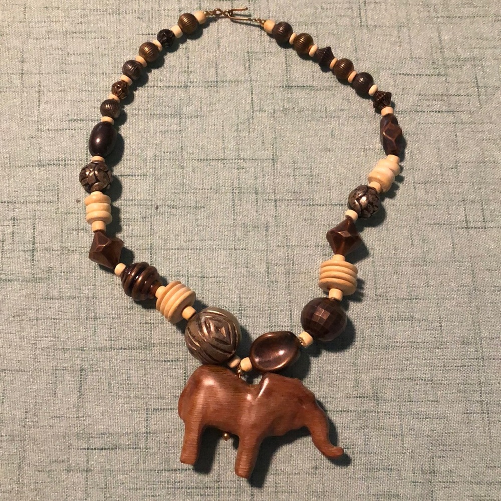Vintage Hand Carved Wooden Elephant Necklace